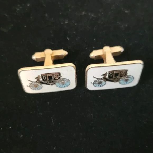 Vintage Estate Cufflinks Carriage Buggy Coach White Black Blue Gold Tone 1" - Picture 4 of 4